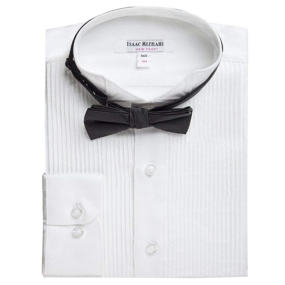 Isaac Mizrahi Boy's 100% Cotton Long Sleeve Wing Tip Collar Tuxedo Shirt with Bowtie