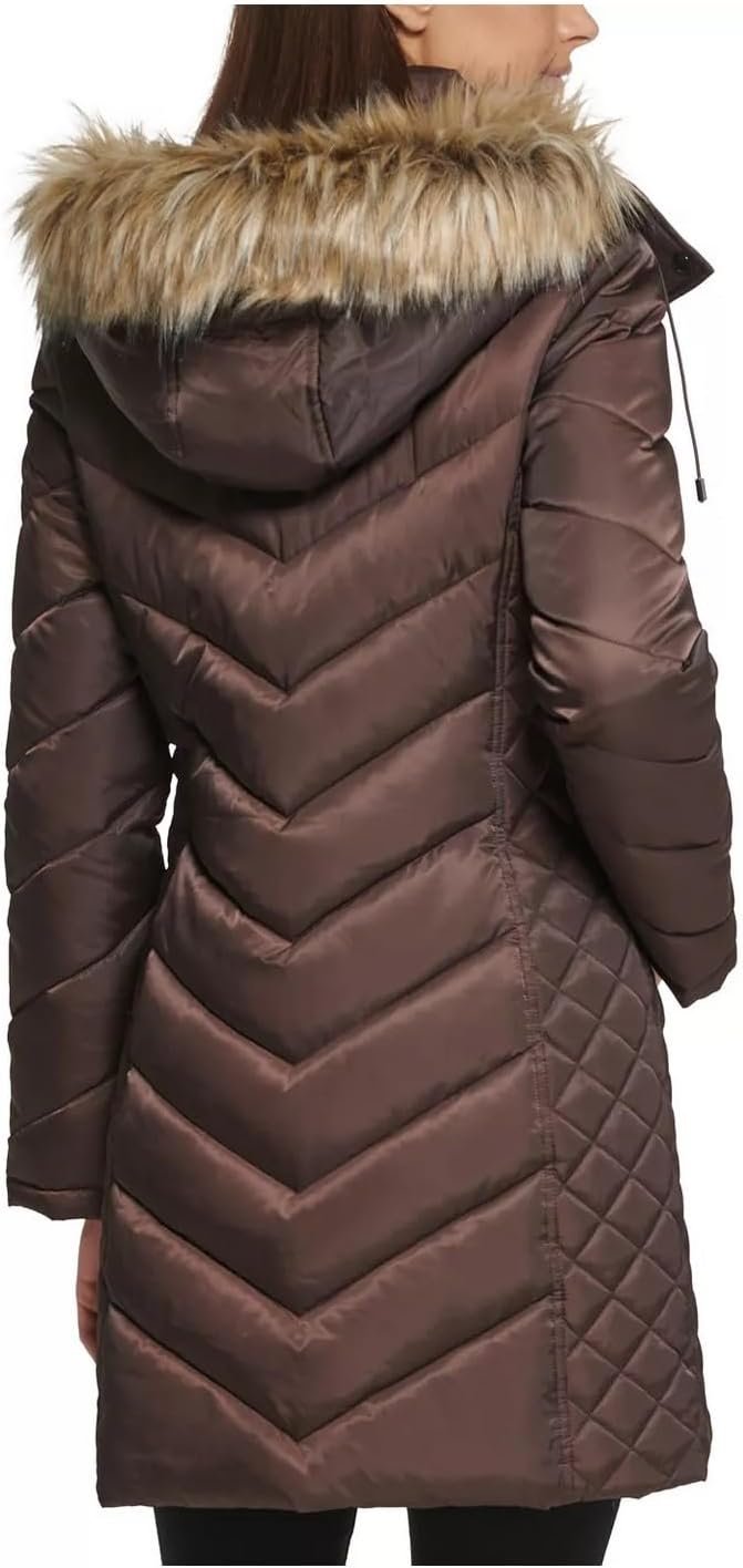 Kenneth Cole Women s Mid Length Chevron Quilted Puffer Jacket Hooded C Adam Baker