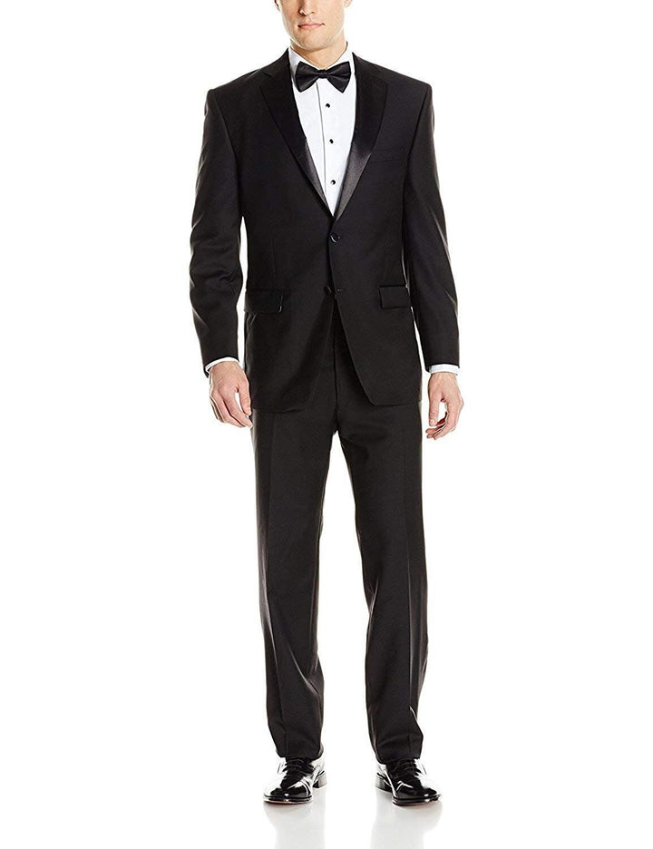 Adam Baker Men's Portly Fit 100% Wool Notch Lapel Two-Piece Formal Tuxedo Set - Black