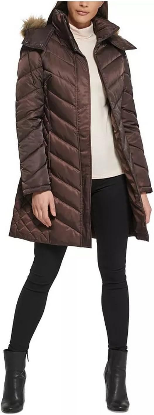 Kenneth Cole Women s Mid Length Chevron Quilted Puffer Jacket Hooded C Adam Baker