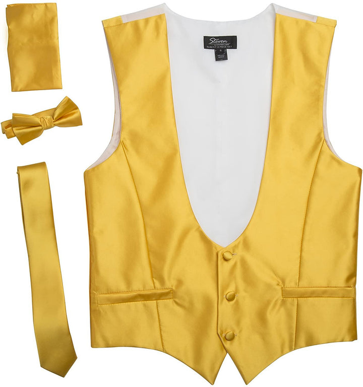 Men's Slim Fit 4-PC. Solid Dress Vest Neck Tie Bowtie Pocket Square Set
